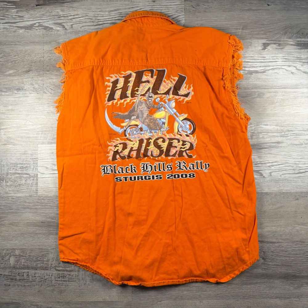 Thunder Mens Sturgis 2008 Black Hills Rally Hell Raiser Sleeveless Shirt Orange
